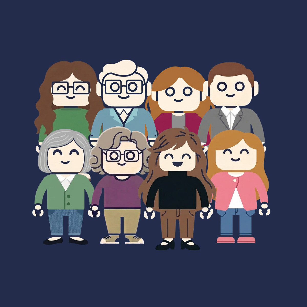 8 robot icons smiling, dressed in various professional clothes
